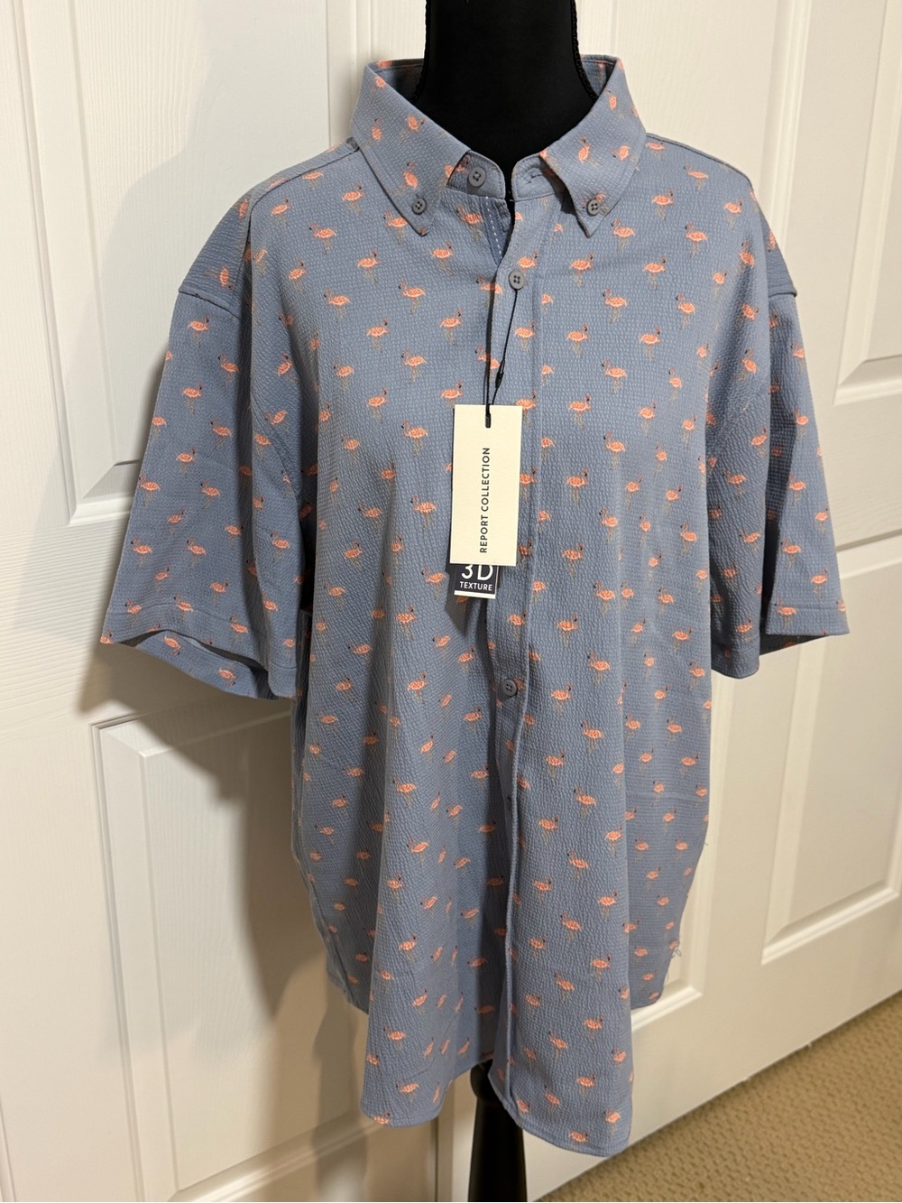 NWT XL Report Collection Men's Shirt, Grey Blue w Flamingo 3D Pattern,